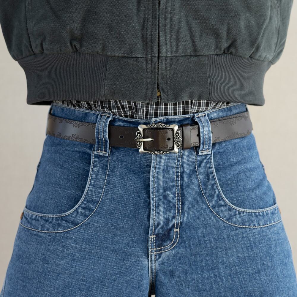 Vintage Brown Western Buckle Belt Y2K Ornate Silver Buckle Streetwear Unisex